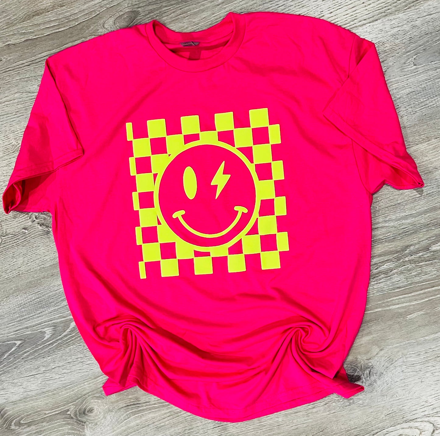 Hot pink puff vinyl smiley tee