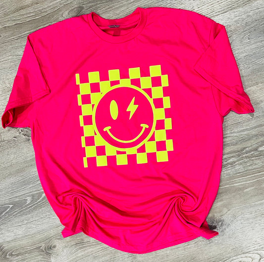 Hot pink puff vinyl smiley tee